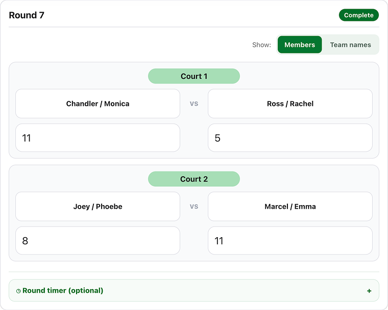 PaddleLink live pickleball round scorekeeping screen