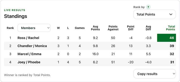 PaddleLink pickleball live standings screen